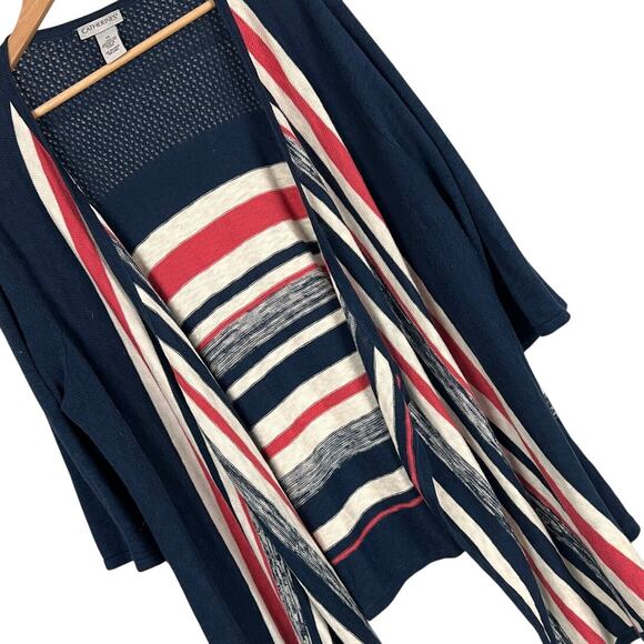 CATHERINES Women's 1X‎ Blue White Striped Cotton Knit Waterfall Cardigan Sweater - Picture 1 of 8